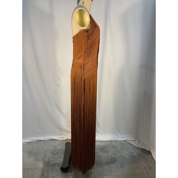 Herv� L�ger 'Draped' Brown Fringe One Shoulder Gown Size L - Picture 3 of 6